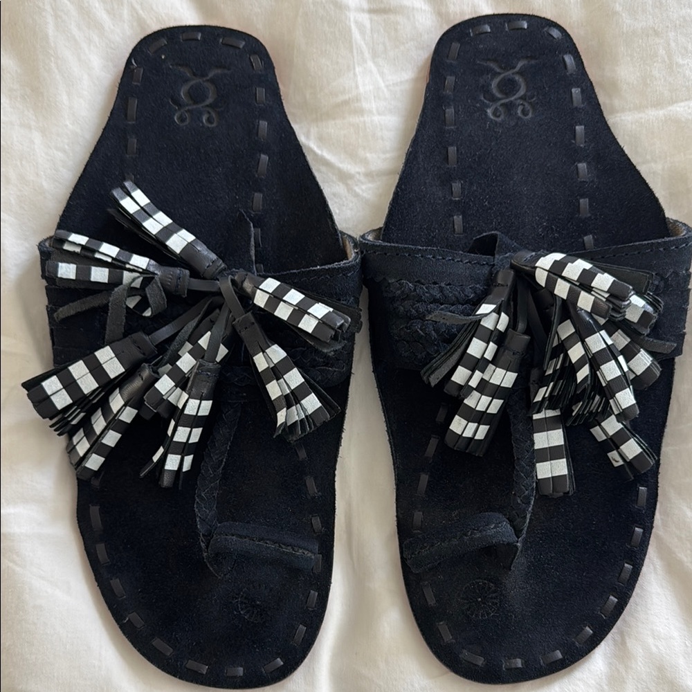 Figue Suede Slide with Striped Tassels.